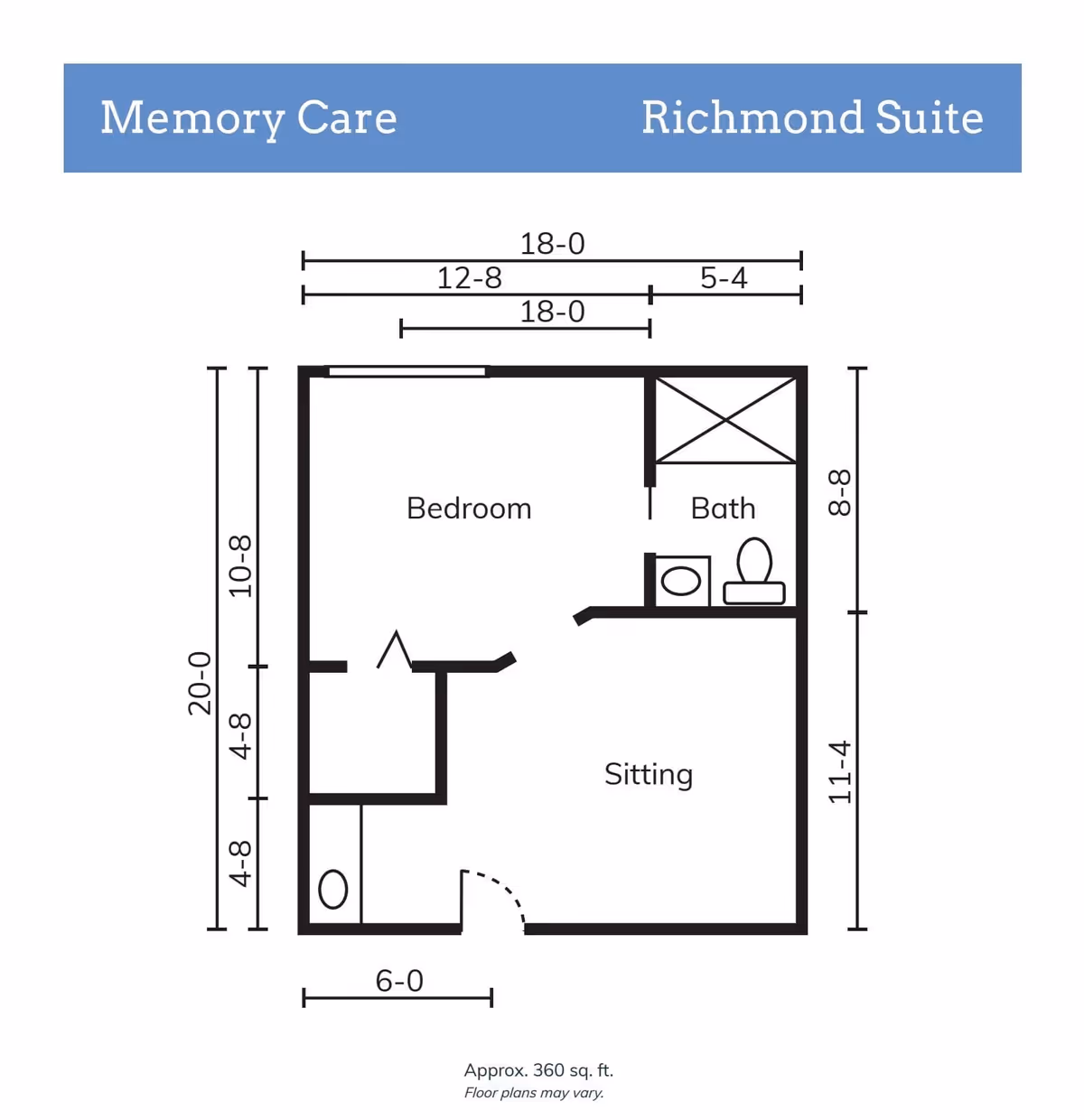 Floor plan layout of the Richmond Suite memory care unit at Maris Pointe, showing a bedroom, sitting area, and bathroom with dimensions.