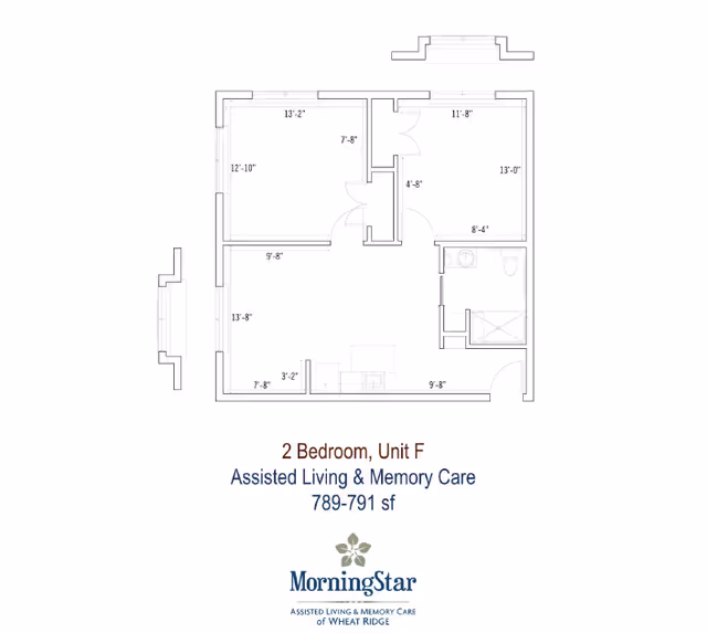 Architectural floor plan for a 2-bedroom assisted living Unit F showing room layouts and measurements with the MorningStar logo.