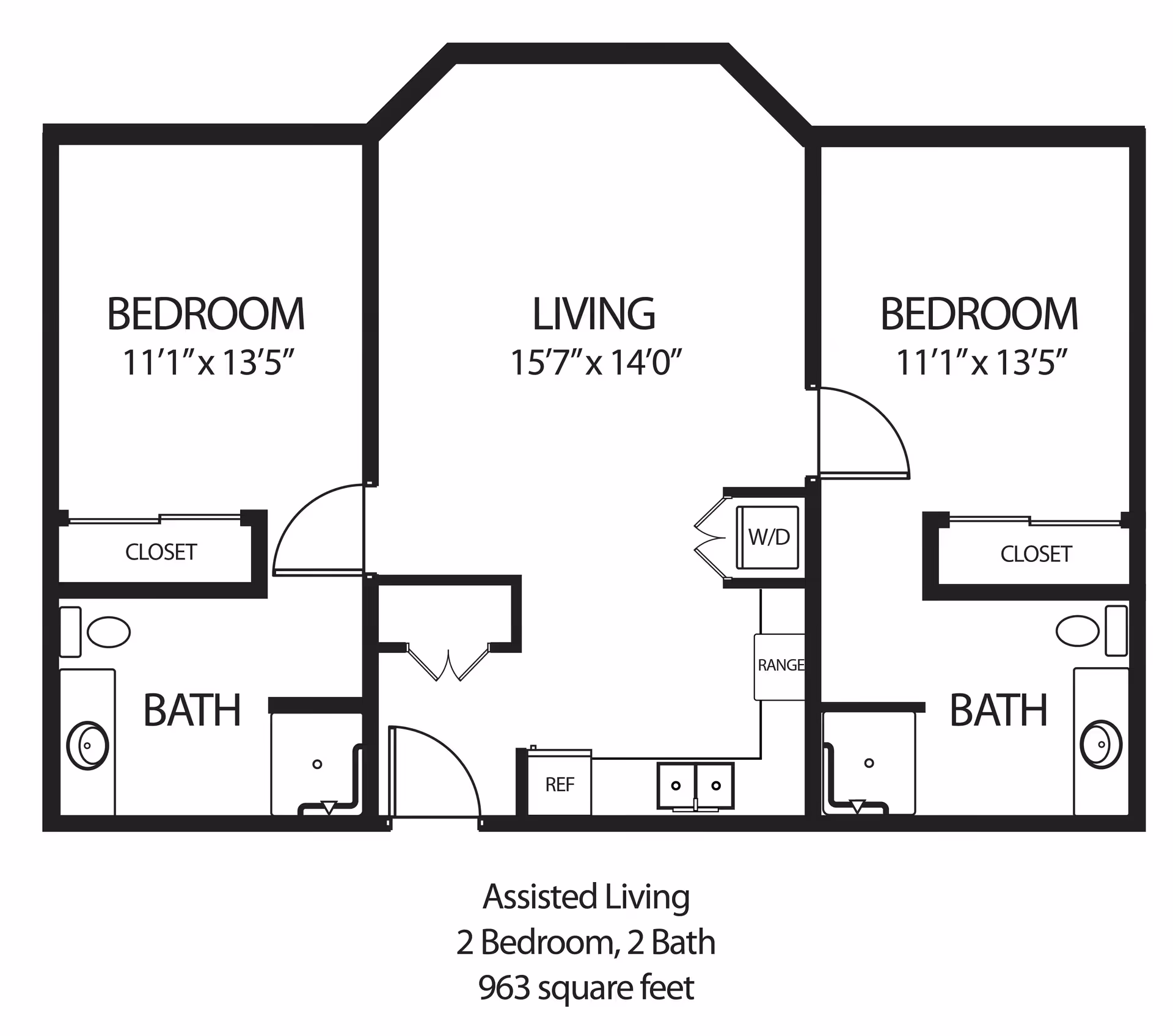 Floor plan of an assisted living unit with 2 bedrooms and 2 bathrooms, totaling 963 square feet. The layout includes two bedrooms each measuring 11 feet 1 inch by 13 feet 5 inches, two bathrooms, a living area measuring 15 feet 7 inches by 14 feet, a kitchen area with a refrigerator, range, and washer/dryer.