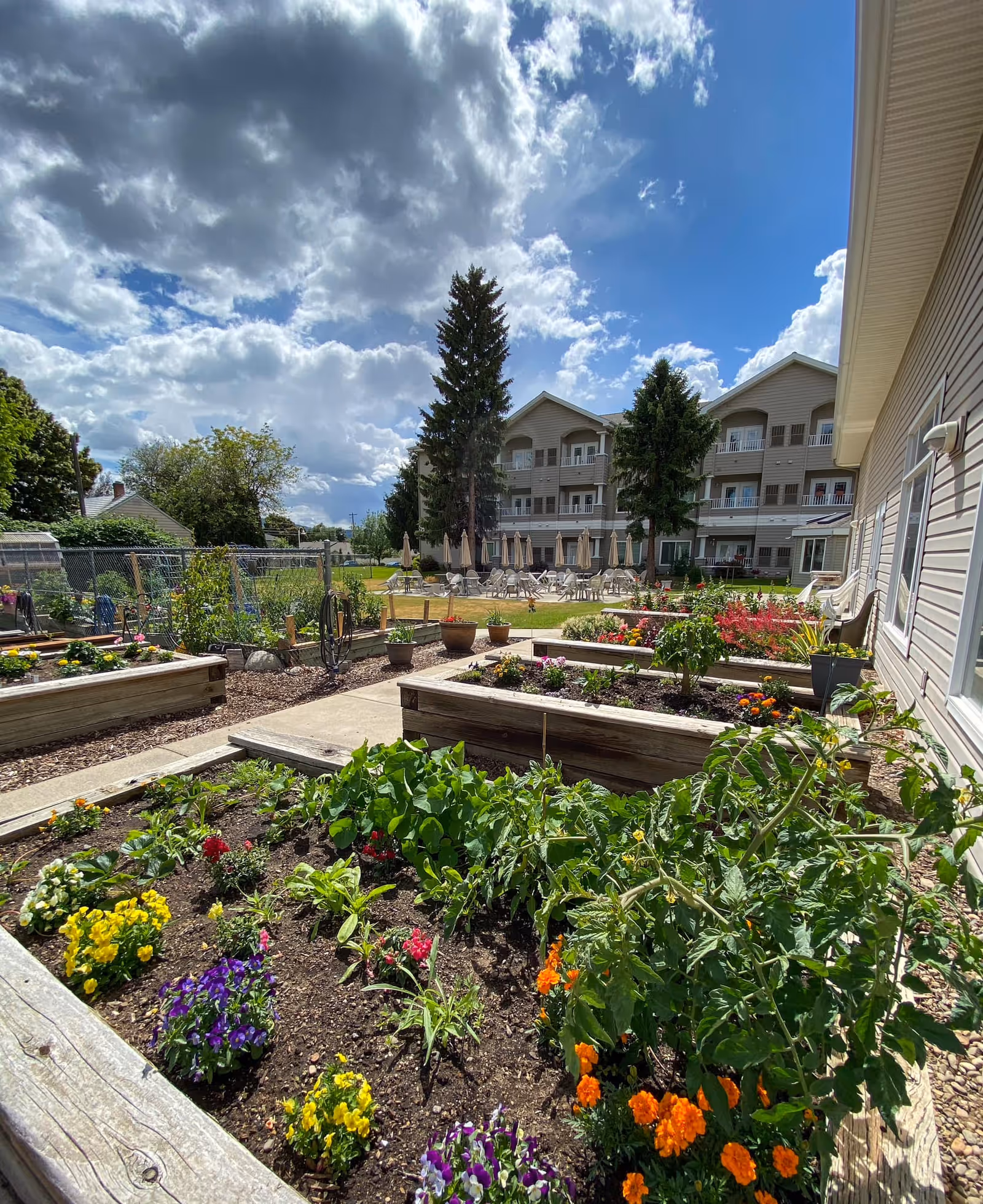 Outdoor garden area with raised flower beds containing various colorful flowers and plants. In the background, there is a multi-story residential building with balconies, patio tables, and umbrellas under a partly cloudy blue sky.