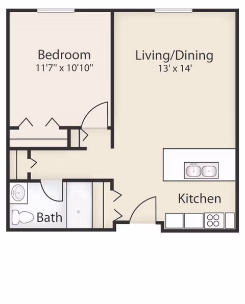 Floor plan of a one-bedroom apartment showing a bedroom (11'7" x 10'10"), living/dining area (13' x 14'), kitchen, bathroom, closets, and entry.