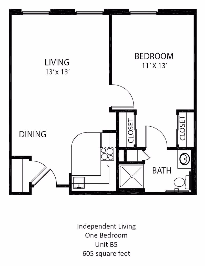 Floor plan of an independent living one-bedroom unit labeled Unit B5 with 605 square feet. The layout includes a living room (13'x13'), a bedroom (11'x13') with two closets, a bathroom with a shower, toilet, and sink, a kitchen area with a stove and sink, and a dining area near the entrance.