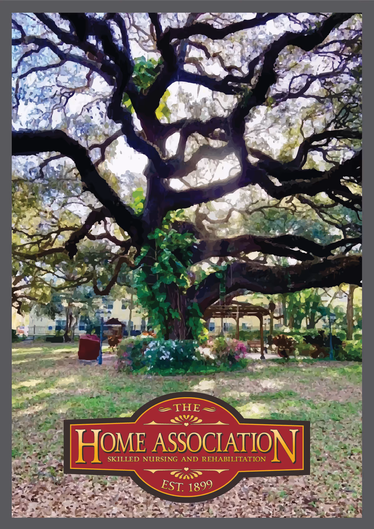 A large sprawling oak tree over a grassy courtyard with a gazebo and a 'The Home Association' logo at the bottom.