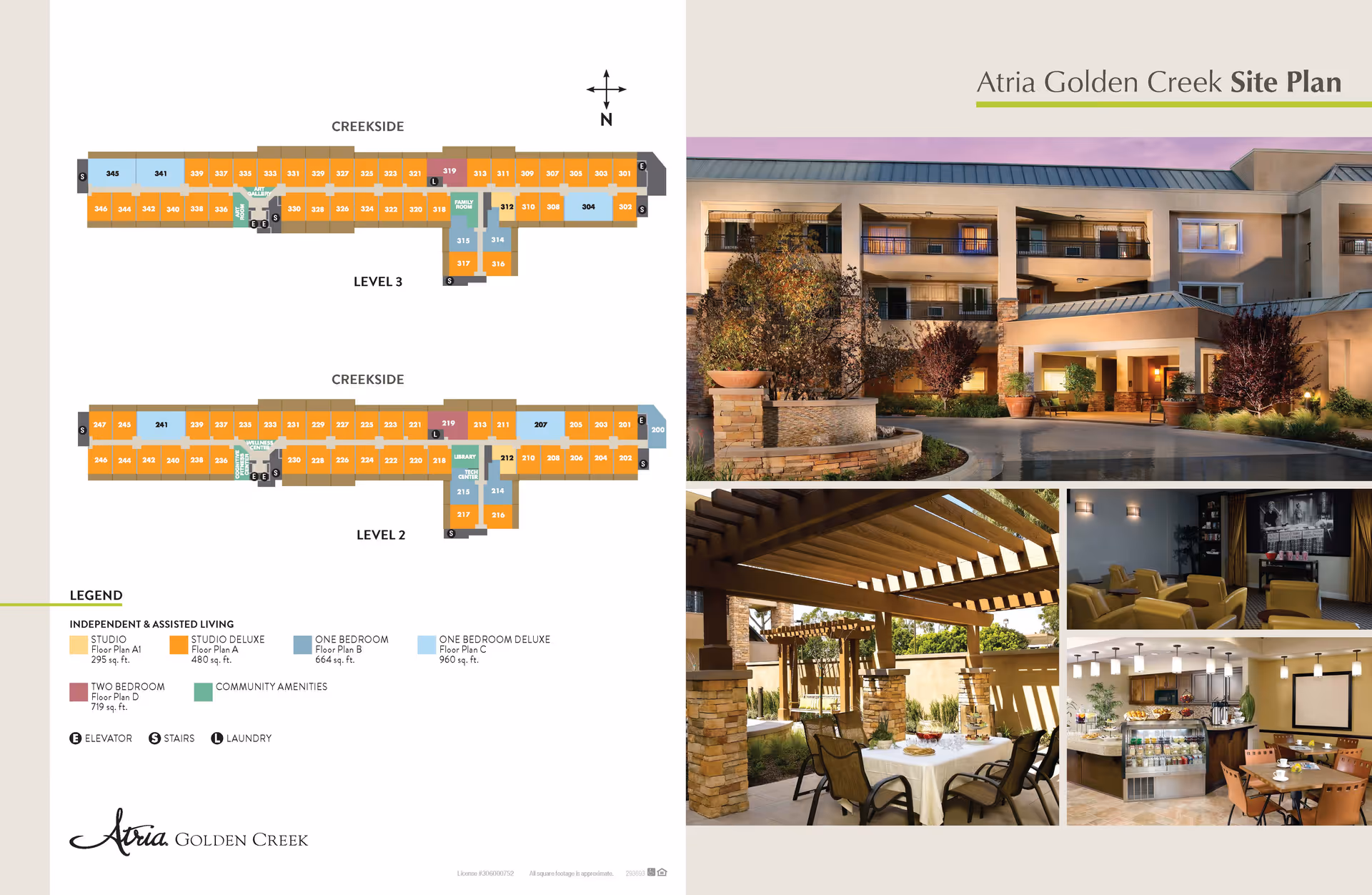 Atria Golden Creek site plan showing floor layouts for levels 2 and 3 with color-coded apartment types and community amenities. The right side features four photos: the building exterior at dusk with landscaping, an outdoor covered seating area with a table set for dining, a cozy indoor lounge with yellow chairs, and a dining area with tables, chairs, and a small food service counter.
