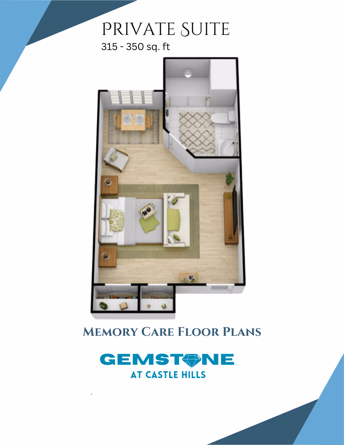 3D floor plan of a private suite memory care unit showing a combined living and sleeping area with a bed, sofa, side tables, a dining table with two chairs, and a bathroom with a shower, toilet, and sink. The suite size is 315 to 350 square feet.