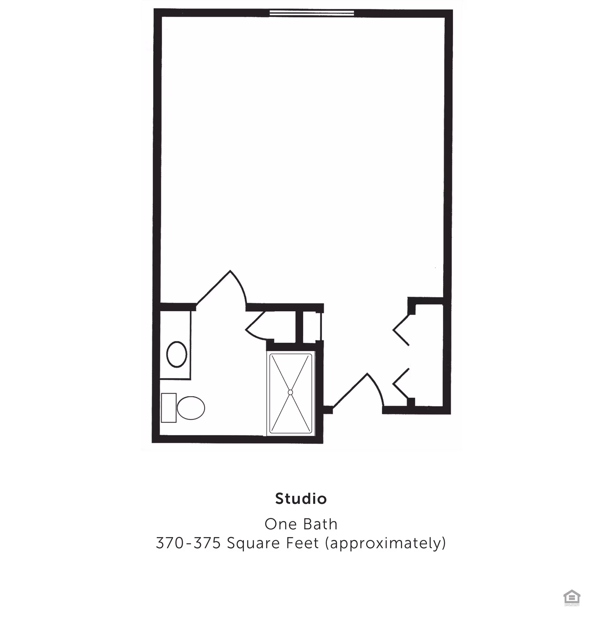 Floor plan of a studio apartment with one bathroom, approximately 370-375 square feet. The layout shows a bathroom with a toilet, sink, and bathtub, and an open main living area.