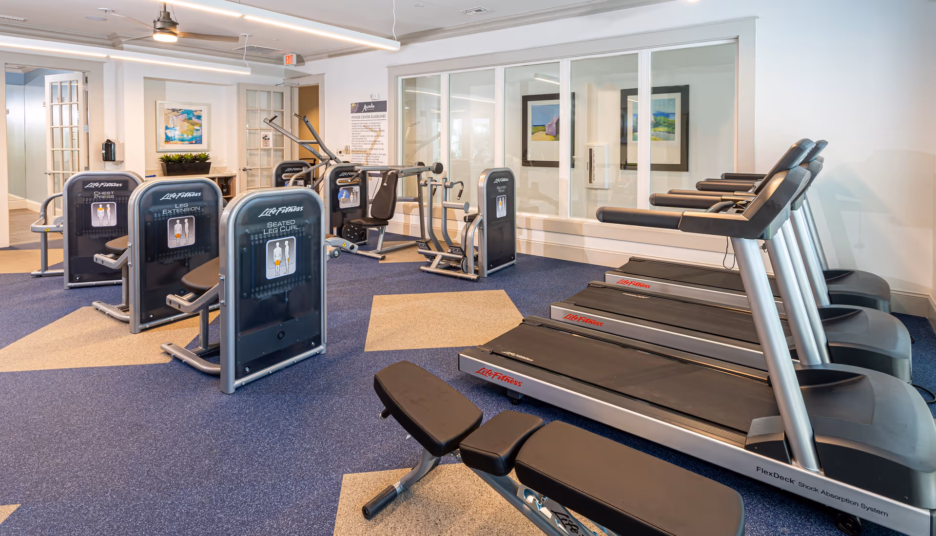 A fitness center room with several exercise machines including treadmills, leg extension, chest press, and seated leg curl machines. The room has blue and beige patterned carpet, white walls, and large windows with framed artwork visible through them. There is a bench in the foreground and a ceiling fan above.
