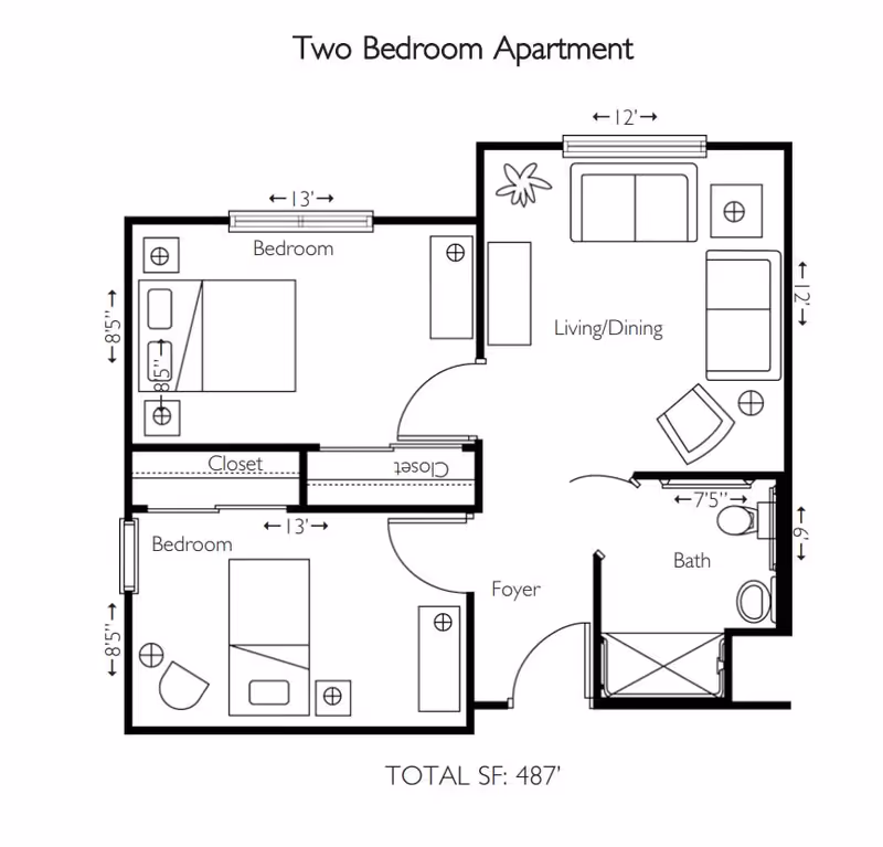 Floor plan of a two-bedroom apartment showing dimensions and layout including two bedrooms, closets, a living/dining area, foyer, and a bathroom. Total area is 487 square feet.