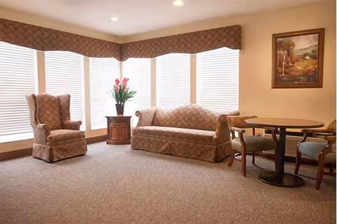 Cozy senior living lounge with patterned sofas, large windows, a potted plant, and a round table.