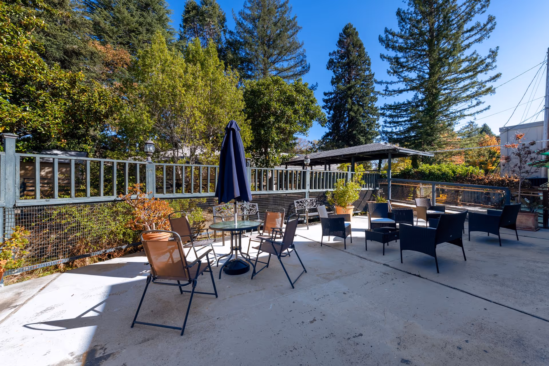 Outdoor patio area with several seating arrangements including glass-top tables with chairs and black wicker chairs with small tables. The patio is surrounded by a fence and lush green trees under a clear blue sky.