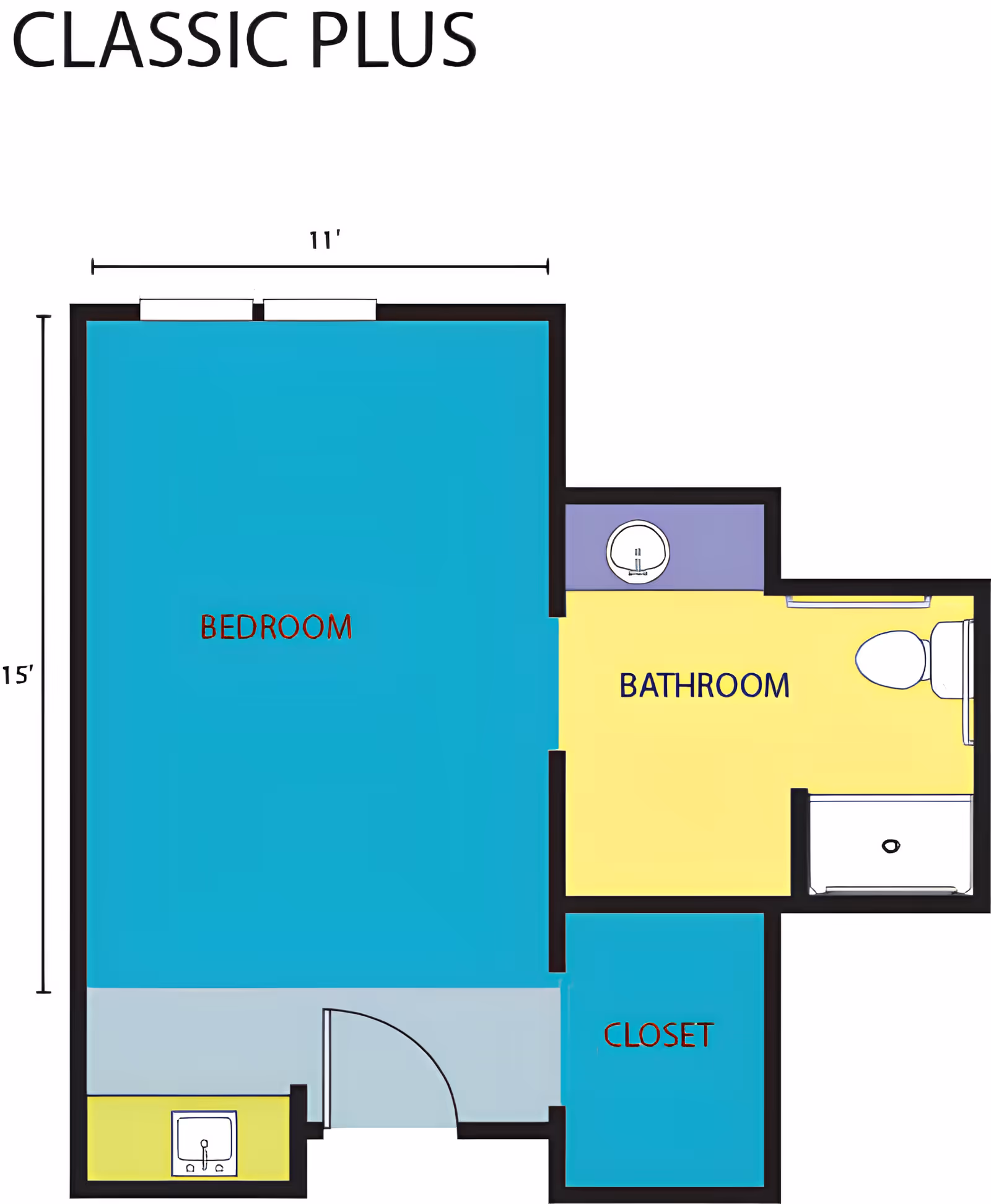 Floor plan labeled "CLASSIC PLUS" showing a bedroom, bathroom, closet, and entry with dimensions.