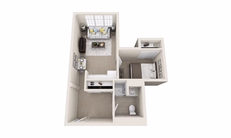 3D floor plan of a small apartment featuring a living room with a sofa, coffee table, TV, and two side tables with lamps, a bedroom with a bed and closet, and a bathroom with a toilet, sink, and shower. There is also an entry area with a small desk and chair.