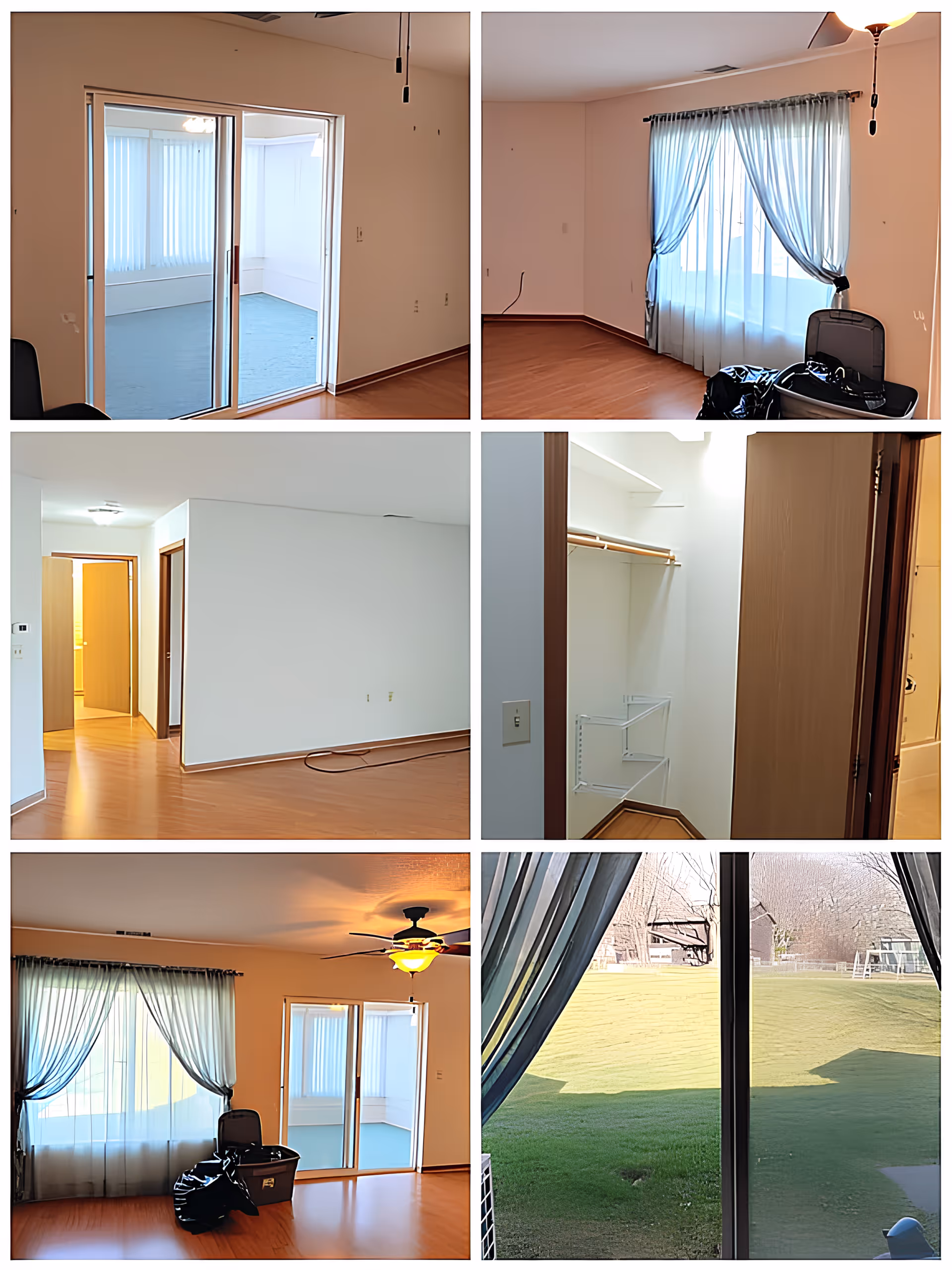 Collage of interior photos of an empty senior living apartment showing a living room with wood floors, sliding glass doors and draped curtains, an empty closet, and a grassy view outside.