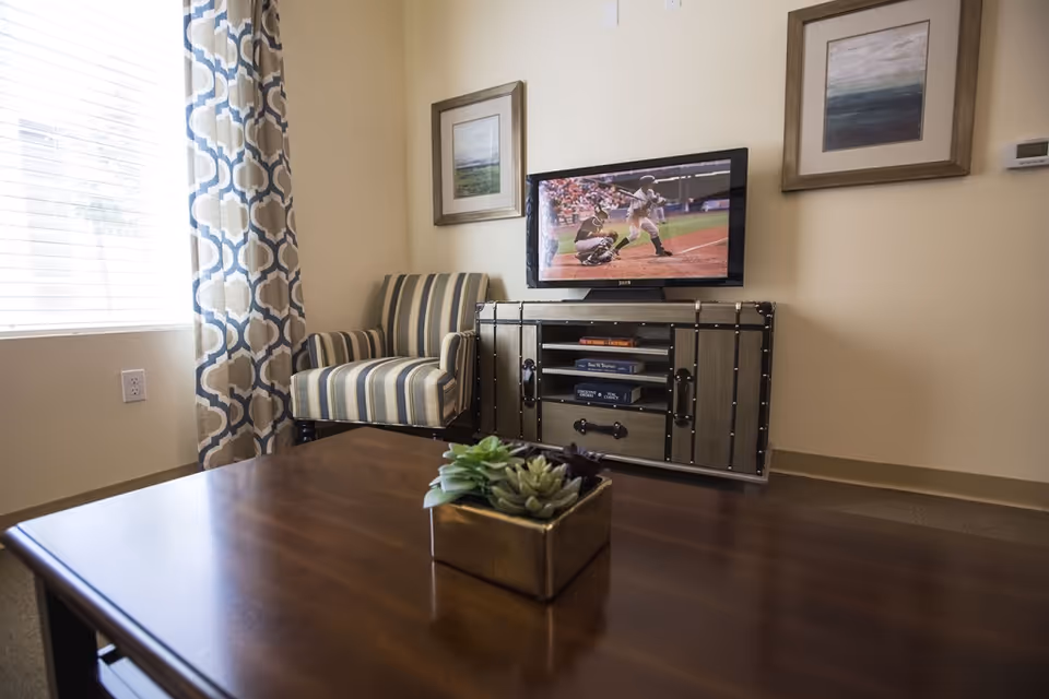 Cozy living room with a striped armchair, TV on a trunk-style media console, framed art, and a coffee table with a small succulent.