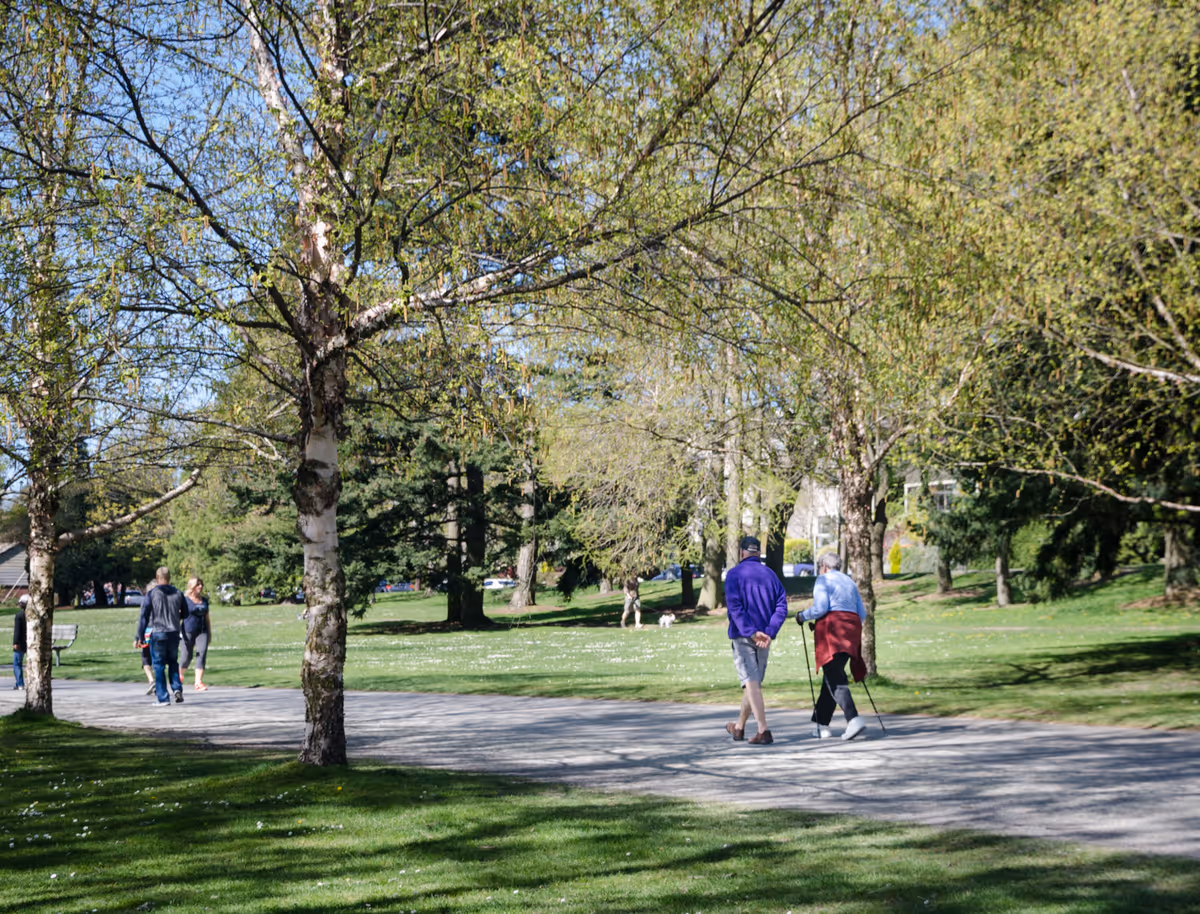 A sunny park scene with several people walking along a paved path surrounded by green grass and trees with budding leaves. Two older adults are walking together, one using a cane. Other people are visible in the background enjoying the outdoor space.