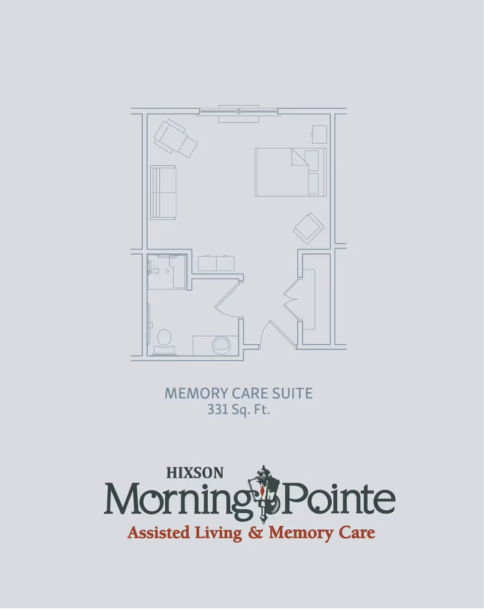 Architectural floor plan of a Memory Care Suite measuring 331 square feet, showing a layout with a bedroom area, living space with furniture, and a bathroom. Below the floor plan is the logo and name of Morning Pointe of Hixson, an assisted living and memory care facility.