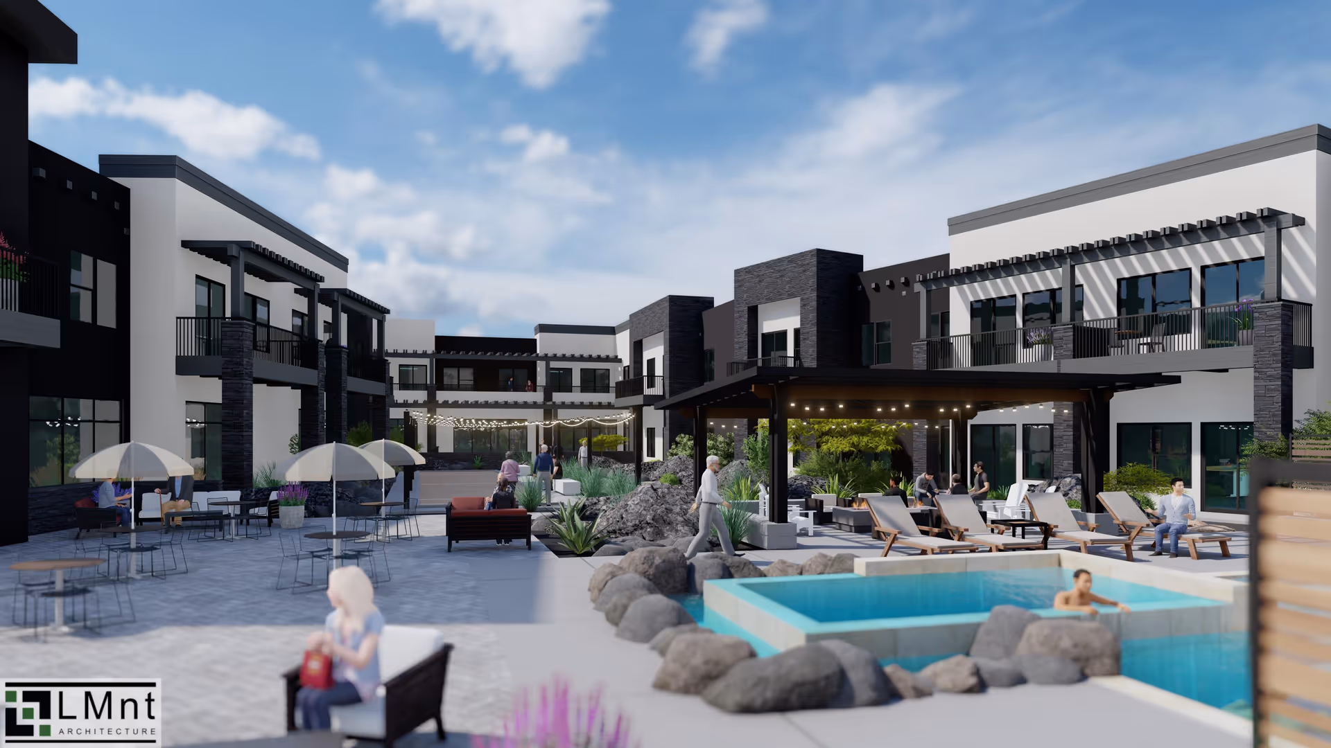 Outdoor courtyard area of a senior living community with seating, umbrellas, lounge chairs, a small pool with a person inside, and a covered pavilion. The building surrounds the courtyard with balconies and large windows under a partly cloudy sky.