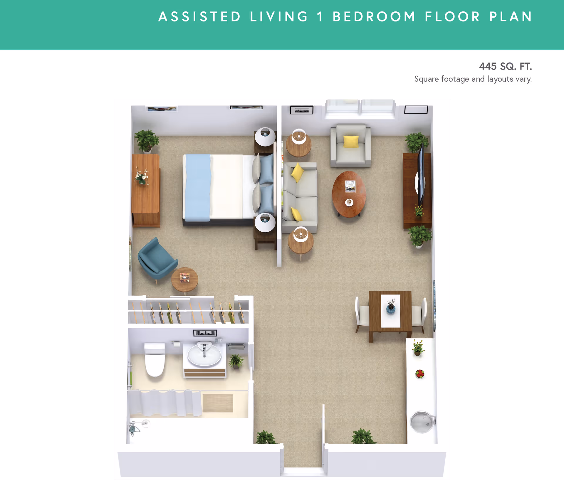 3D floor plan of an assisted living 1-bedroom apartment with a total area of 445 square feet. The layout includes a bedroom with a bed, two nightstands, a dresser, and a chair with a small table. Adjacent to the bedroom is a bathroom with a toilet, sink, and shower. The living area features a sofa, armchair, coffee table, TV on a stand, and two side tables. There is also a dining table with four chairs and a kitchen counter with a sink and some plants.