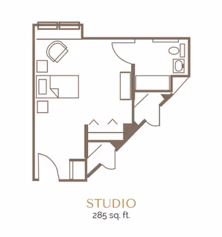 Floor plan of a studio apartment measuring 285 square feet, showing a combined living and sleeping area with a bed, chair, and small table, a bathroom with a toilet and sink, and an entryway with closet space.