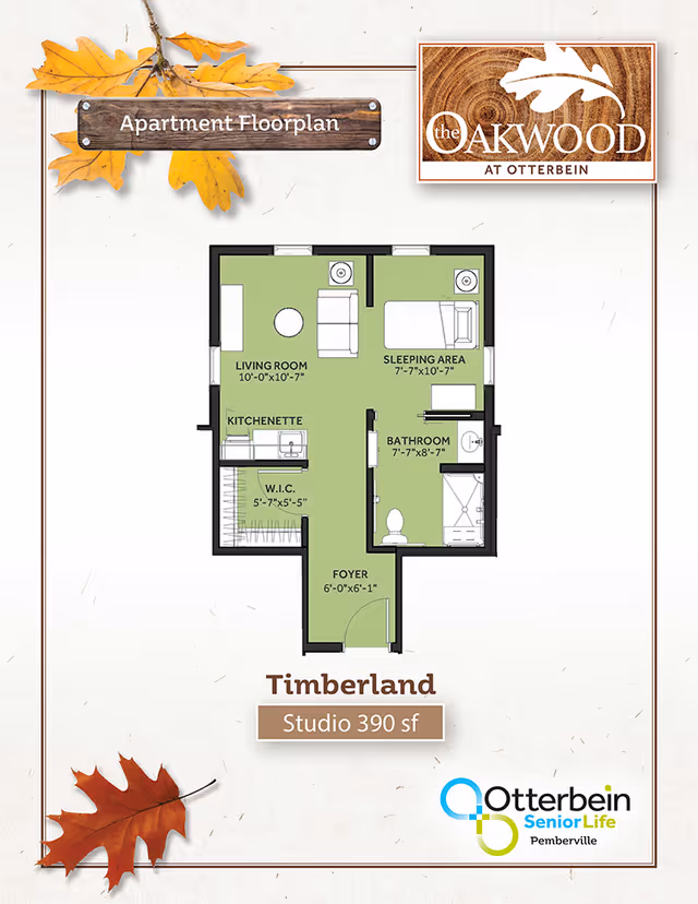 Floor plan of a studio apartment named Timberland with 390 square feet, showing a living room, sleeping area, kitchenette, walk-in closet (W.I.C.), bathroom, and foyer. The layout includes dimensions for each area and is decorated with autumn leaves and a wooden sign that says 'Apartment Floorplan'. The Oakwood at Otterbein logo is displayed at the top right, and Otterbein Senior Life Pemberville logo is at the bottom right.