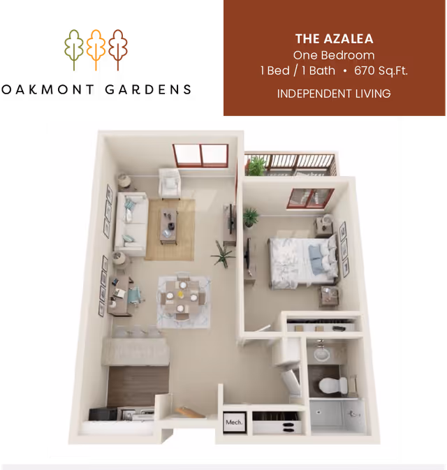 3D rendered floor plan of a one-bedroom, one-bath apartment called The Azalea showing a living room, kitchen/dining area, bedroom, bathroom, and small balcony.