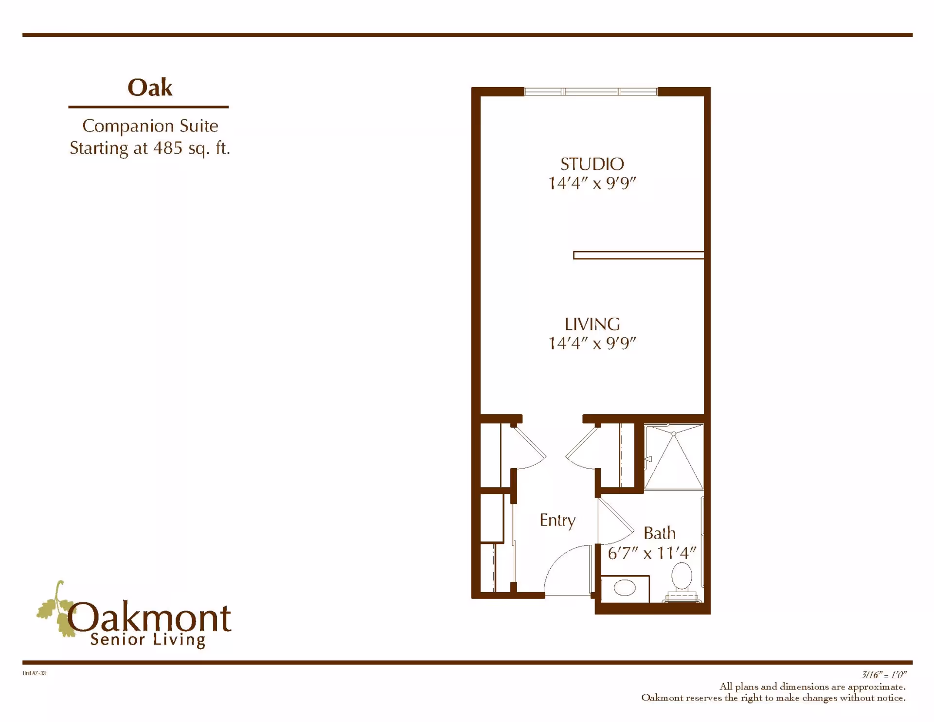 Floor plan of Oakmont of Redding Companion Suite named Oak, starting at 485 sq. ft. The layout includes a studio area measuring 14 feet 4 inches by 9 feet 9 inches, a living area of the same size, an entryway, and a bathroom measuring 6 feet 7 inches by 11 feet 4 inches. The plan shows the arrangement of doors and fixtures within the suite.