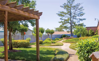 A landscaped outdoor garden area with a wooden pergola on the left, a winding concrete pathway, green bushes, trees, and a clear blue sky.