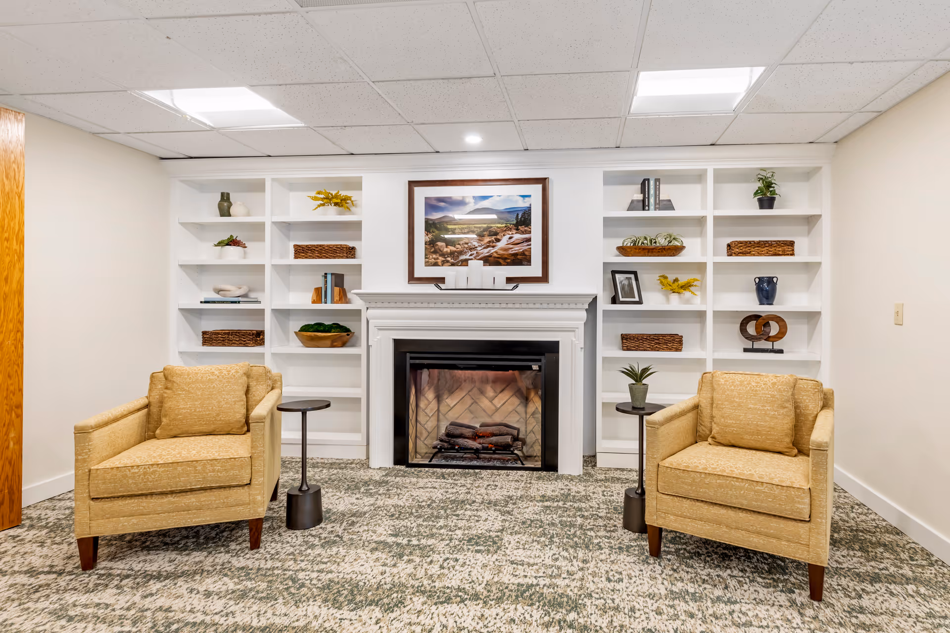 A cozy sitting area with two beige armchairs facing a white fireplace. The fireplace is flanked by built-in white shelves decorated with various plants, books, baskets, and decorative items. Above the fireplace is a framed landscape photograph. The room has a patterned carpet and a white ceiling with recessed lighting.
