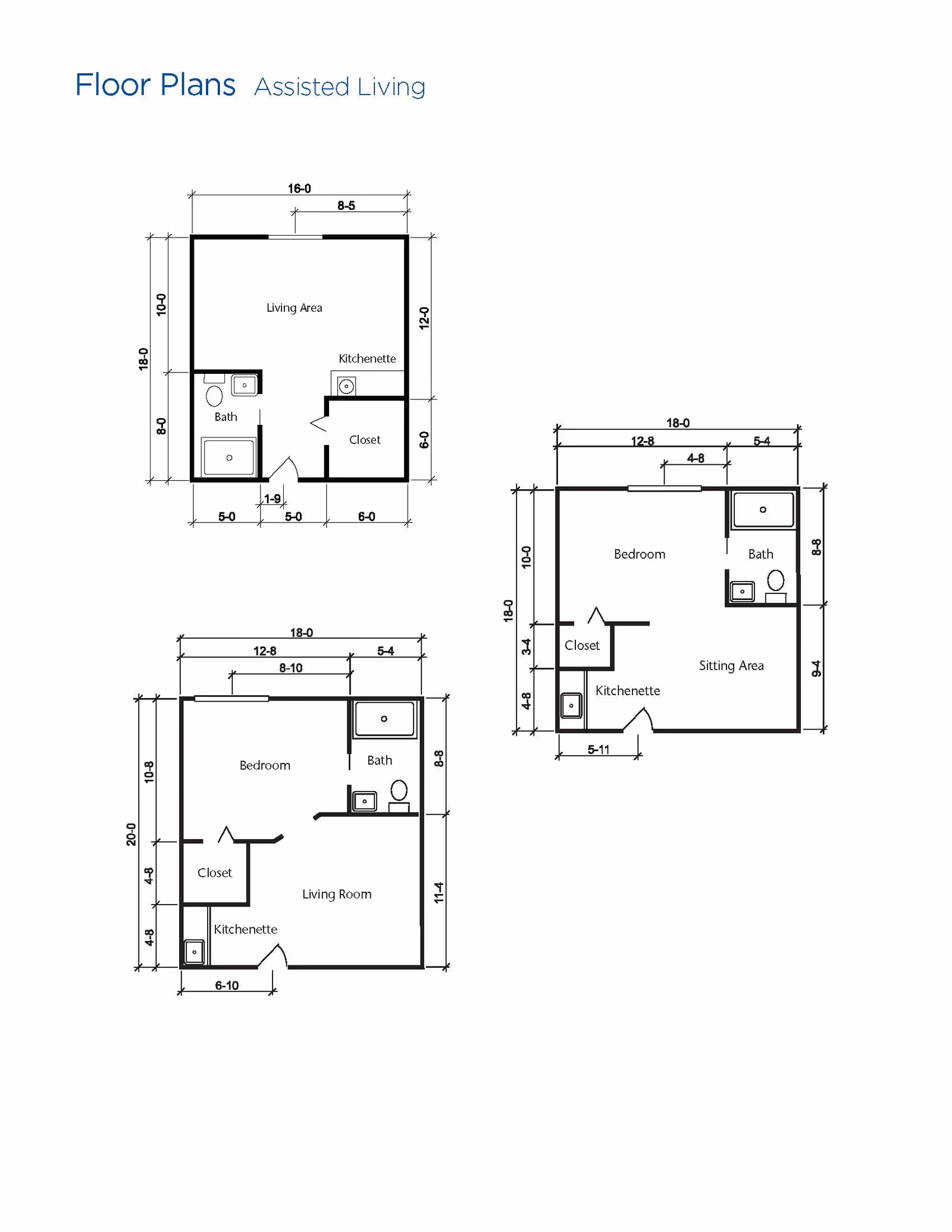 Architectural floor plans for assisted living units at Brookdale Bowling Green, showing layouts with labeled areas including living area, kitchenette, bath, closet, bedroom, sitting area, and living room with dimensions.