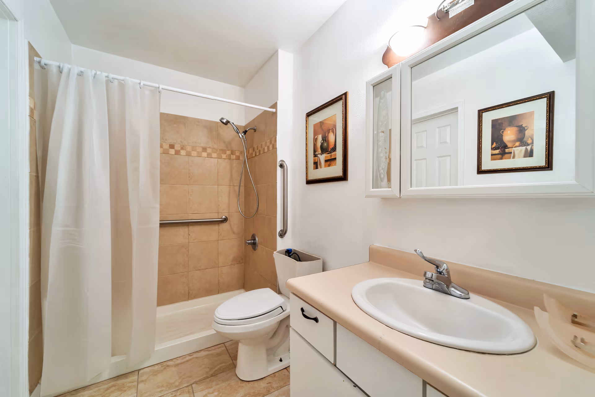 A clean bathroom with a white shower curtain, beige tiled shower area with a handheld showerhead and grab bars, a white toilet, a beige countertop with a white sink and faucet, a large mirror above the sink, and framed artwork on the wall.