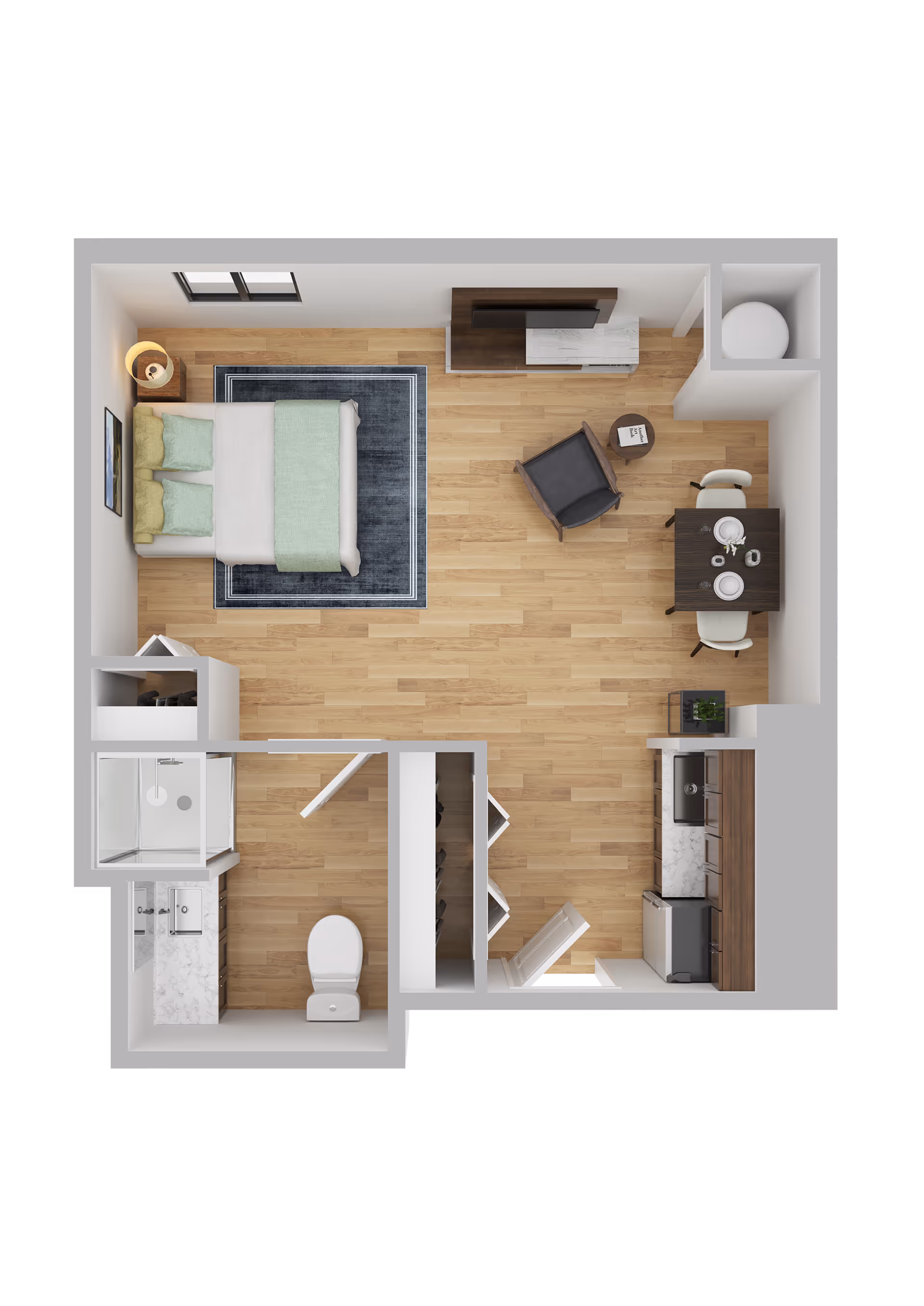 Top-down 3D floor plan of a studio apartment showing a bed, seating area, dining table, kitchenette, and bathroom.