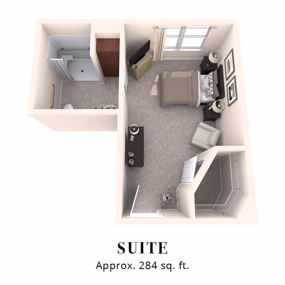 3D floor plan of a suite approximately 284 square feet, showing a bedroom area with a bed, two nightstands with lamps, a TV on a dresser, an armchair, and a closet. The suite also includes a bathroom with a shower, toilet, and sink.