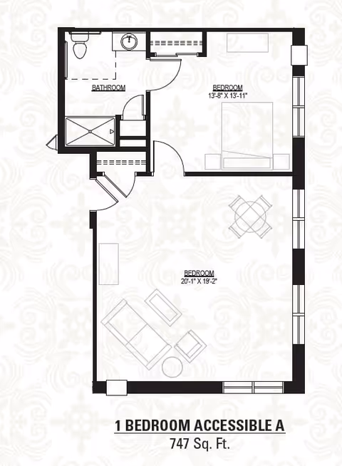Architectural floor plan of a 1 bedroom accessible apartment labeled '1 BEDROOM ACCESSIBLE A' with 747 square feet. The layout includes a bathroom with a toilet, sink, and shower, a smaller bedroom measuring 13 feet 8 inches by 13 feet 11 inches, and a larger bedroom measuring 20 feet 1 inch by 19 feet 2 inches with furniture arrangements including a bed, sofa, chairs, and a table.
