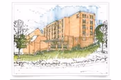 Exterior front view of Reformed Presbyterian Home, a multi-story brick senior living facility with trees.