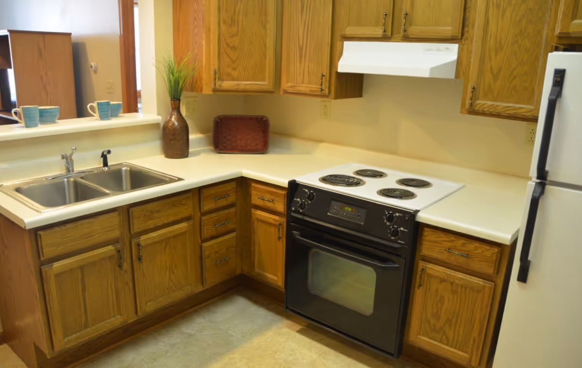 A kitchen area with wooden cabinets, a double stainless steel sink, an electric stove with four burners, a white refrigerator, a brown vase with green plants, and three blue cups on the counter.