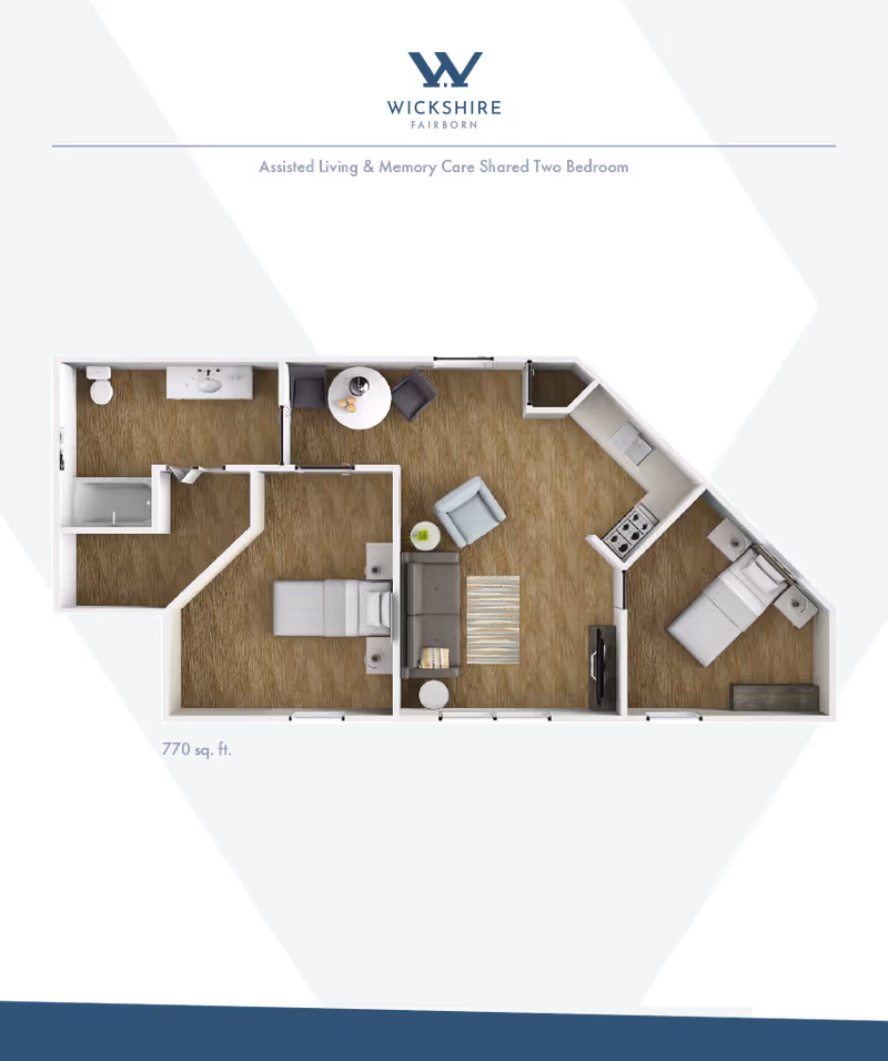 Floor plan of an assisted living and memory care shared two-bedroom apartment with a living room, kitchen, bathroom, and two bedrooms.