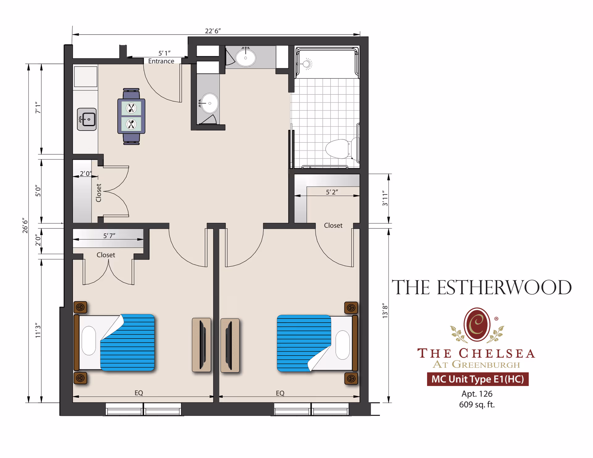 Floor plan of The Estherwood apartment unit at The Chelsea at Greenburgh, showing two bedrooms with beds and closets, a kitchen area with a sink and dining table, a bathroom with a shower and toilet, and an entrance. The total area is 609 square feet.