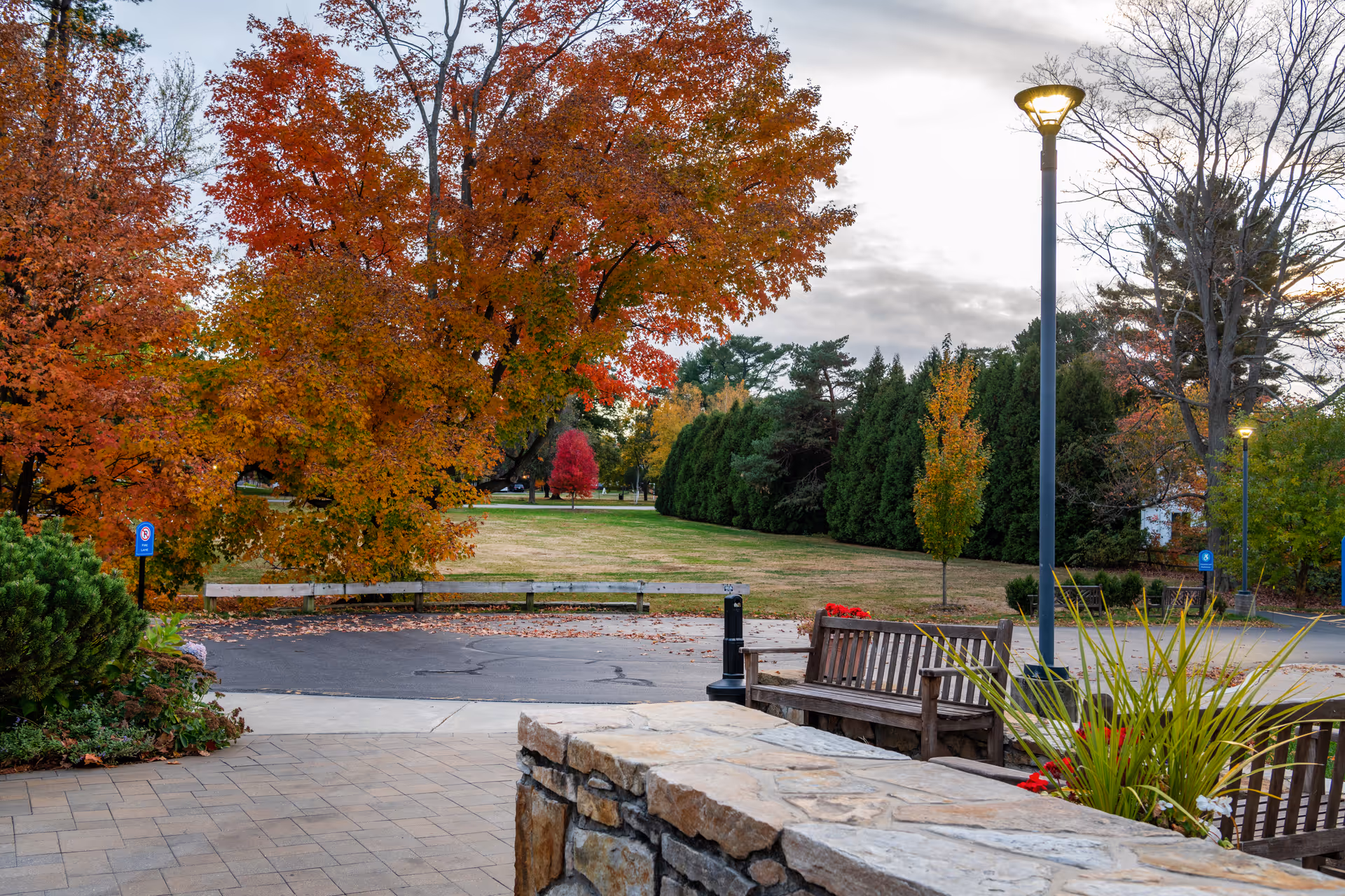 Outdoor area of a senior living facility with autumn-colored trees, a paved walkway, wooden benches, a stone wall, and street lamps under a cloudy sky.