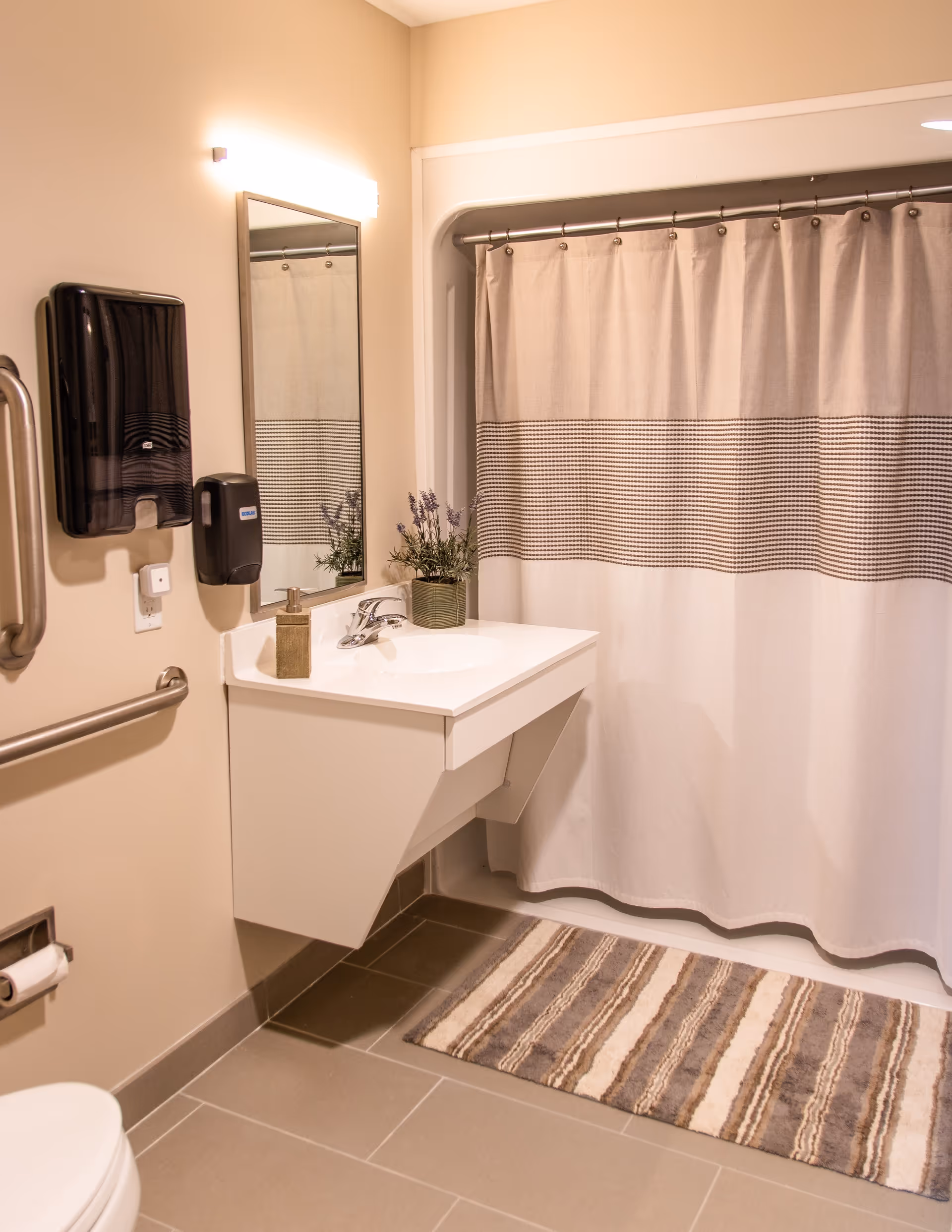 A clean and accessible bathroom featuring a wall-mounted sink with a soap dispenser and a small plant on the counter. There is a rectangular mirror above the sink, a shower area with a beige and brown striped curtain, a striped bath mat on the floor, and grab bars on the wall near the toilet.