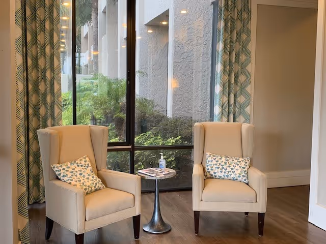 Two beige upholstered armchairs with patterned cushions are positioned on either side of a small round metal table holding a bottle of hand sanitizer and some magazines. Behind the chairs is a large window with green patterned curtains, showing greenery and part of the building exterior outside.