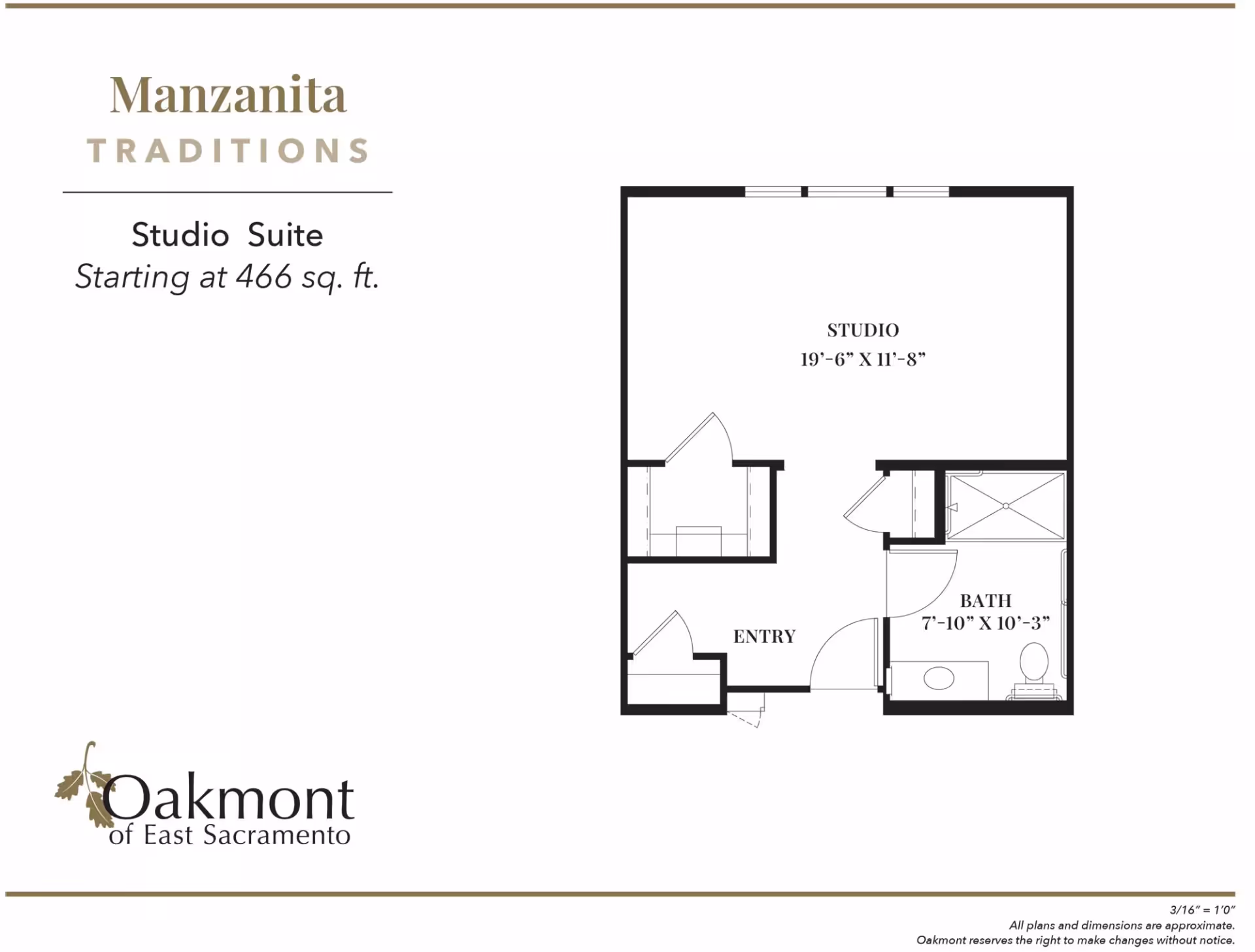 Floor plan of a studio suite at Oakmont of East Sacramento named Manzanita Traditions, showing an entry area, a studio room measuring 19 feet 6 inches by 11 feet 8 inches, and a bathroom measuring 7 feet 10 inches by 10 feet 3 inches. The suite starts at 466 square feet.