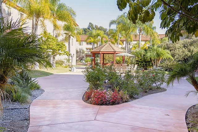 Sunlit landscaped courtyard with winding paved walkways, a central gazebo and palm trees in front of residential buildings.