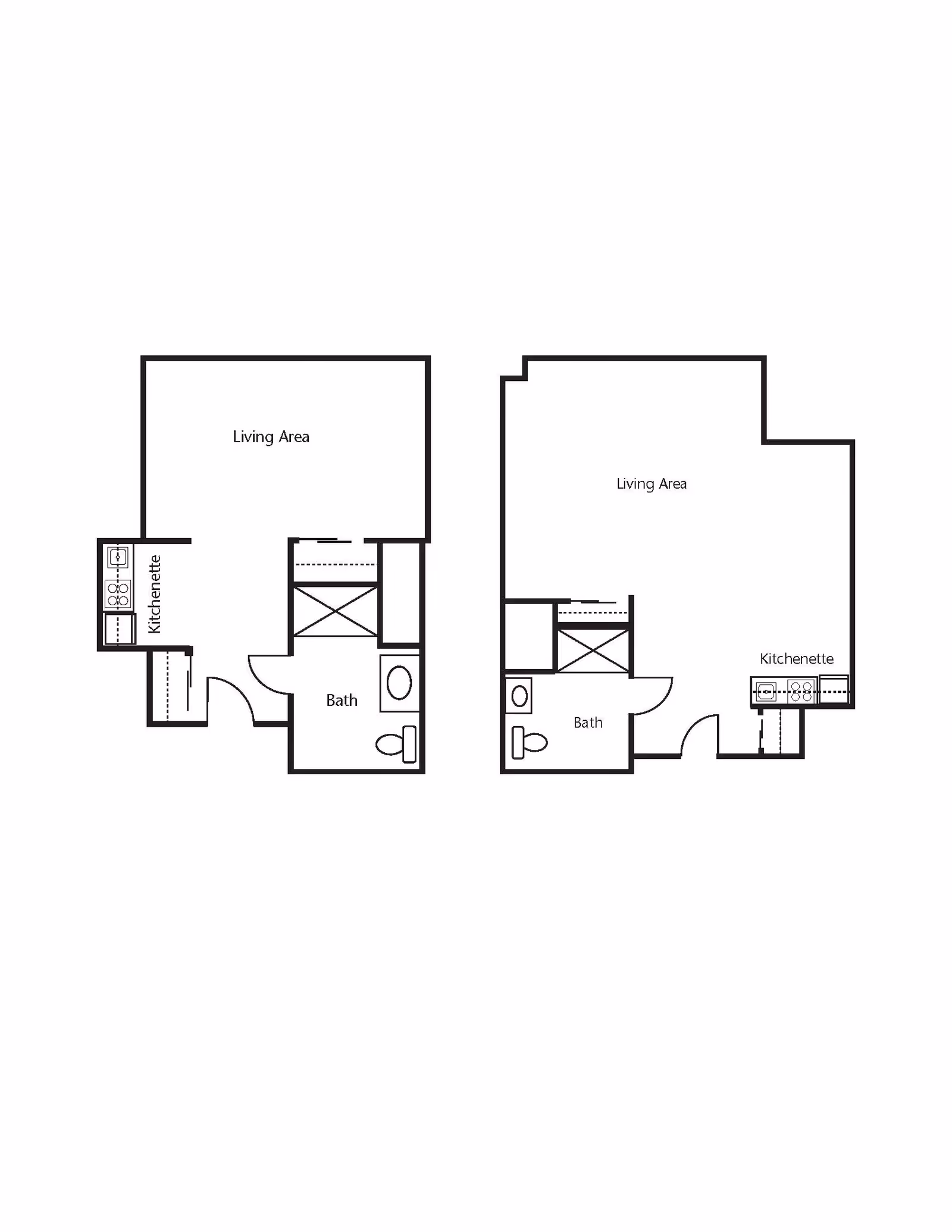 Two architectural floor plans showing layouts with a living area, kitchenette, and bathroom. Each plan includes labeled sections for Living Area, Kitchenette, and Bath with fixtures like a sink, stove, toilet, and bathtub.