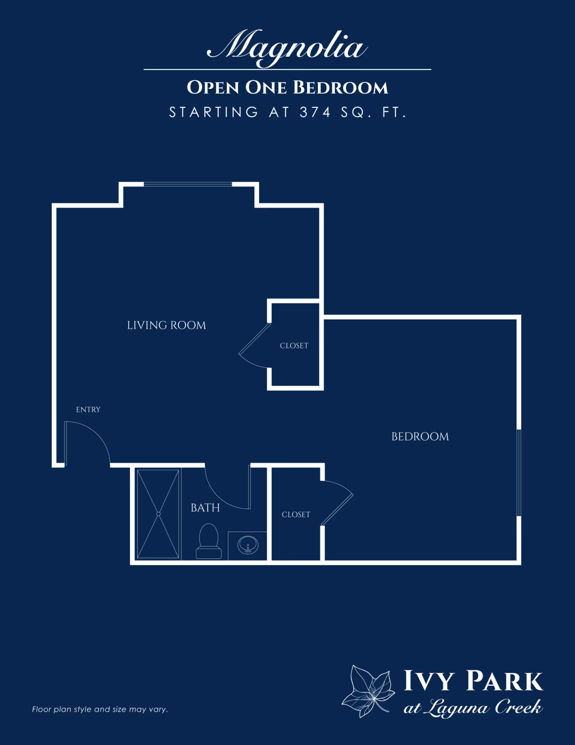 Floor plan of Magnolia open one bedroom apartment starting at 374 square feet, showing entry, living room, bedroom, bath, and two closets.