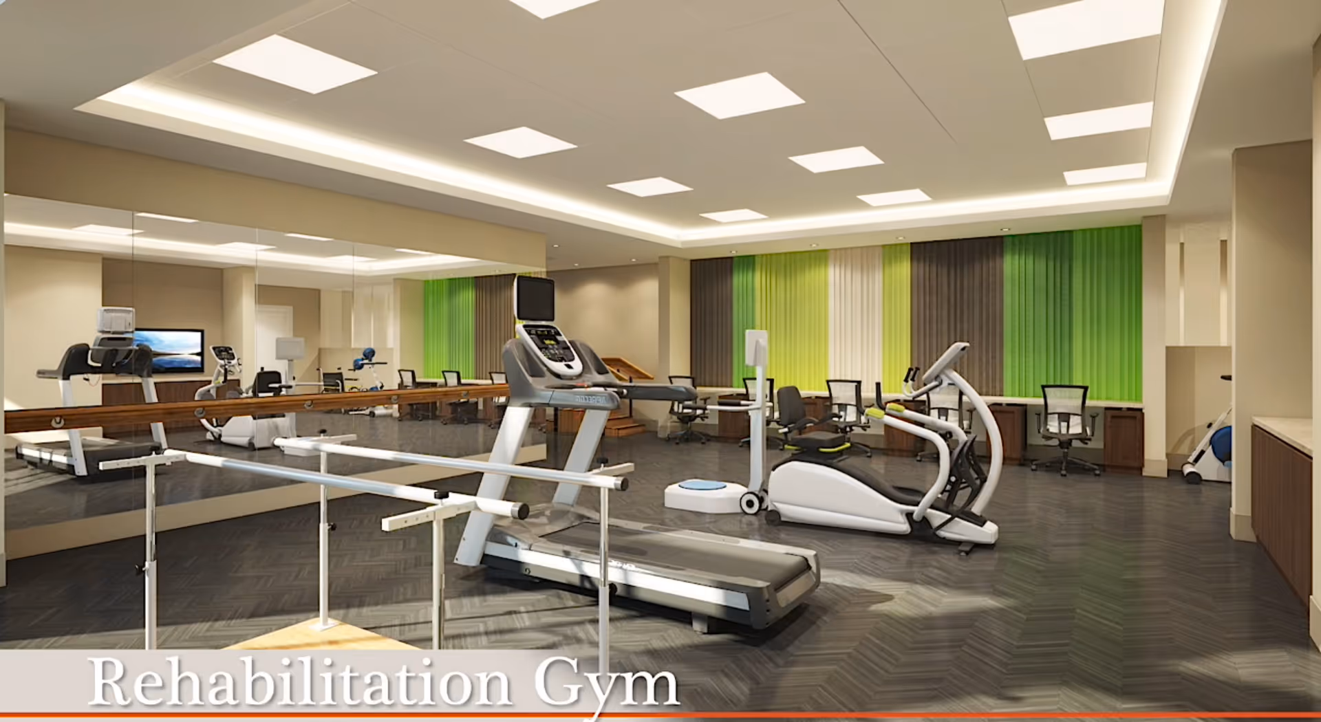 A rehabilitation gym with exercise equipment including a treadmill, stationary bike, and parallel bars. The room has a large mirror on one wall and colorful vertical blinds in shades of green, white, and brown on the windows. There are also chairs and desks along the back wall.