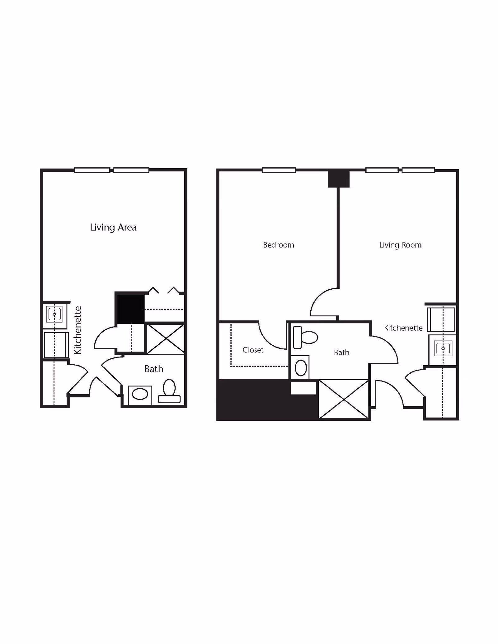 Black and white architectural floor plan showing two layouts. The left layout includes a living area, kitchenette, and bath. The right layout includes a bedroom, living room, kitchenette, bath, and closet.