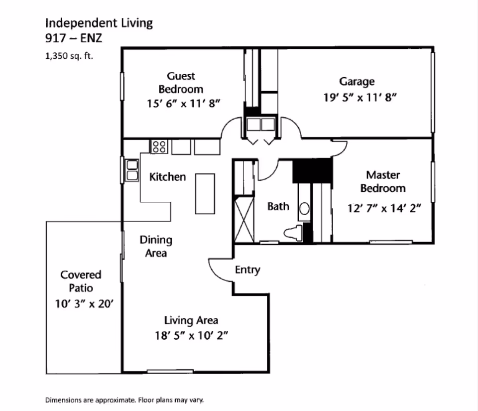 Floor plan of an independent living unit labeled 917 - ENZ with 1,350 sq. ft. It includes a guest bedroom (15'6" x 11'8"), master bedroom (12'7" x 14'2"), garage (19'5" x 11'8"), kitchen, dining area, living area (18'5" x 10'2"), bath, entry, and a covered patio (10'3" x 20').