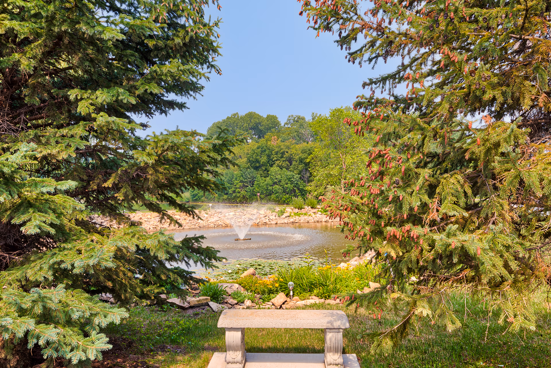 Stone bench in front of a pond with a central fountain framed by evergreen trees and greenery.