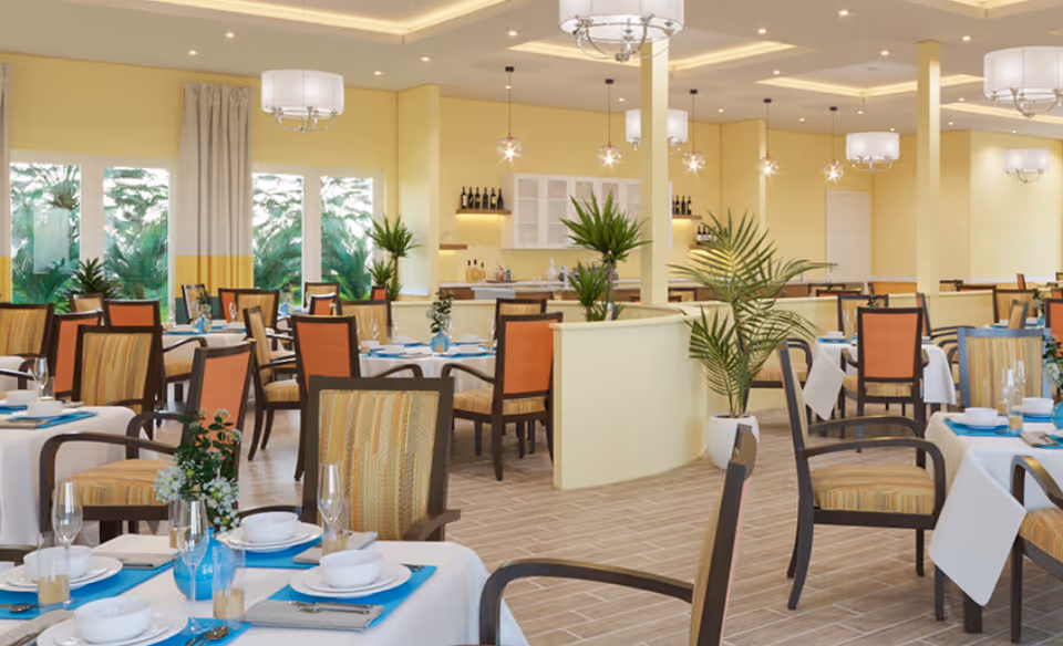 Spacious, well-lit dining room with neatly set tables, chairs, potted plants, and large windows.