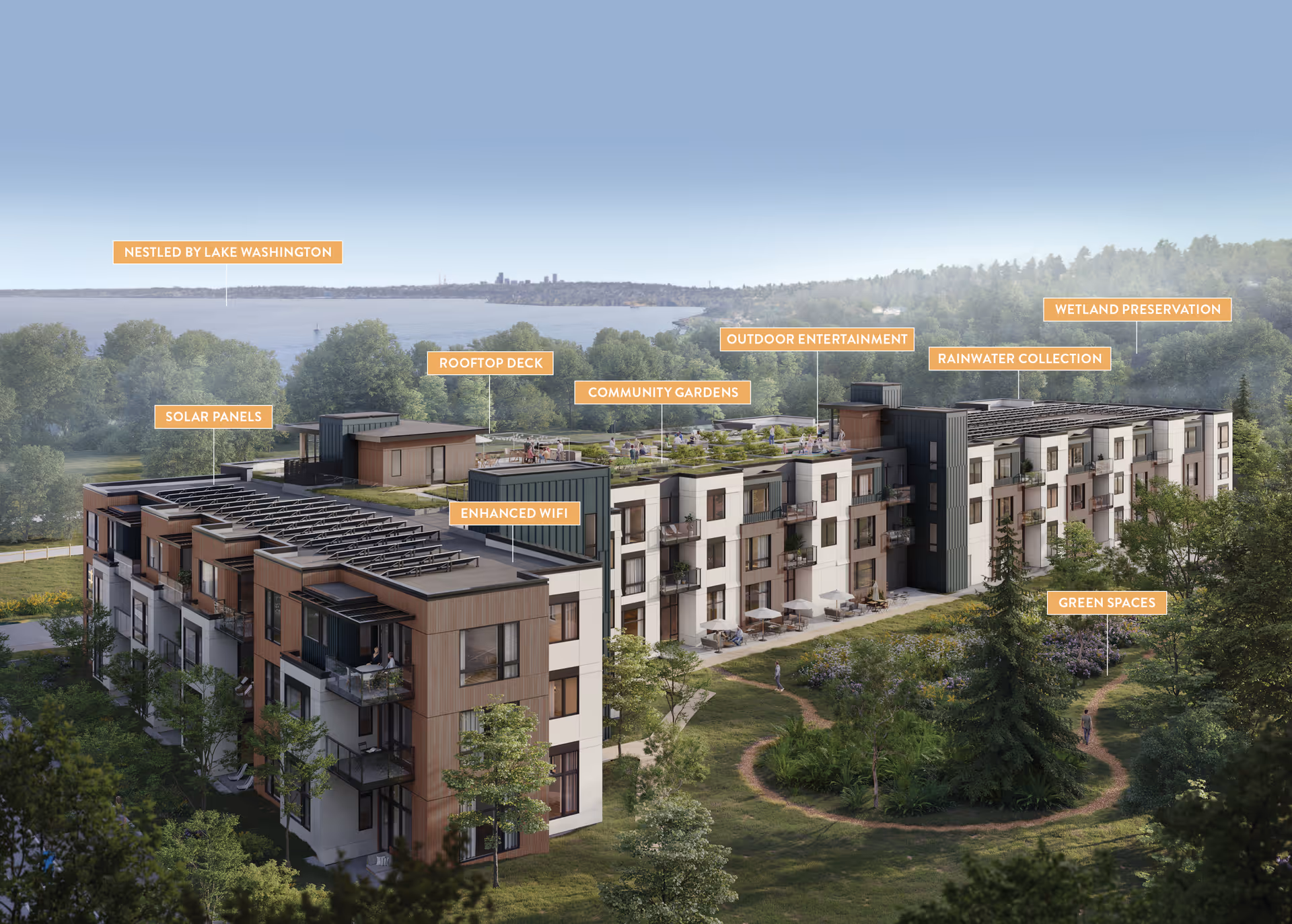 A modern senior living facility featuring balconies, green spaces, and solar panels, located near Lake Washington.